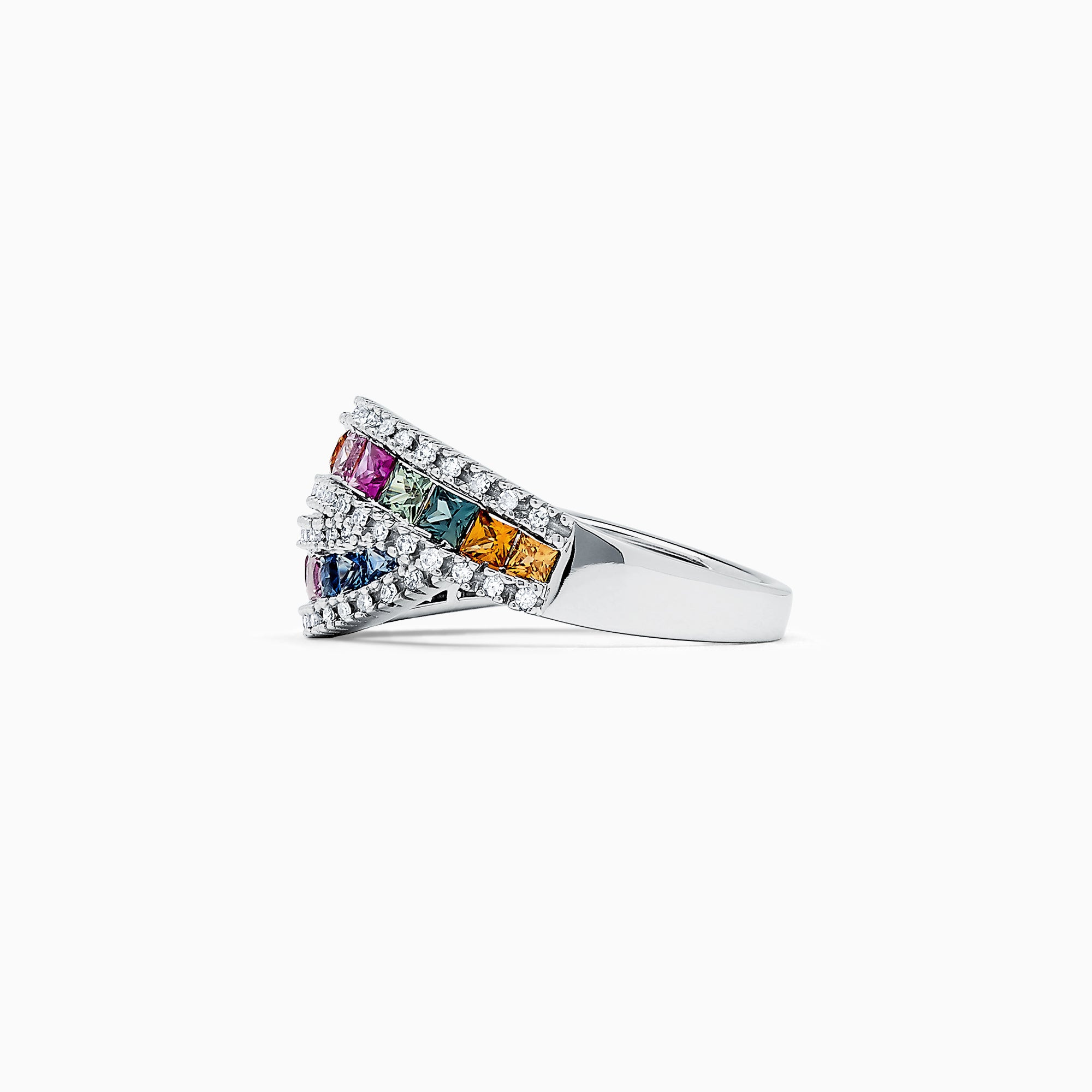 The Watercolors 14K White Gold Multi Sapphire and Diamond Ring, 1.95 TCW, features two intertwined bands set with rainbow-hued square-cut sapphires and bordered by rows of sparkling round diamonds.