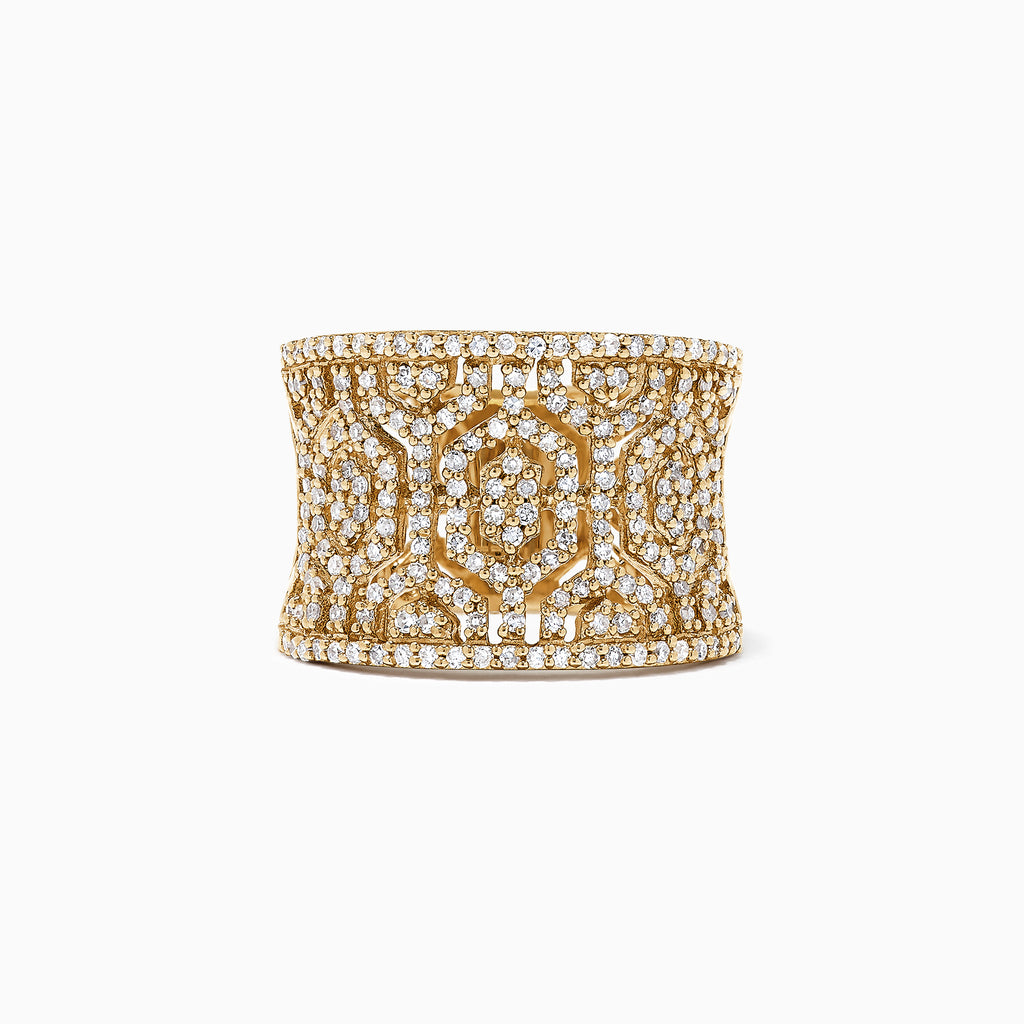 The DOro 14K Yellow Gold Diamond Maze Ring, 0.79 TCW, showcases a wide geometric openwork band fully encrusted with sparkling white diamonds on a plain white background.