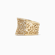 The DOro 14K Yellow Gold Diamond Maze Ring, 0.79 TCW, showcases a wide geometric openwork band fully encrusted with sparkling white diamonds on a plain white background.