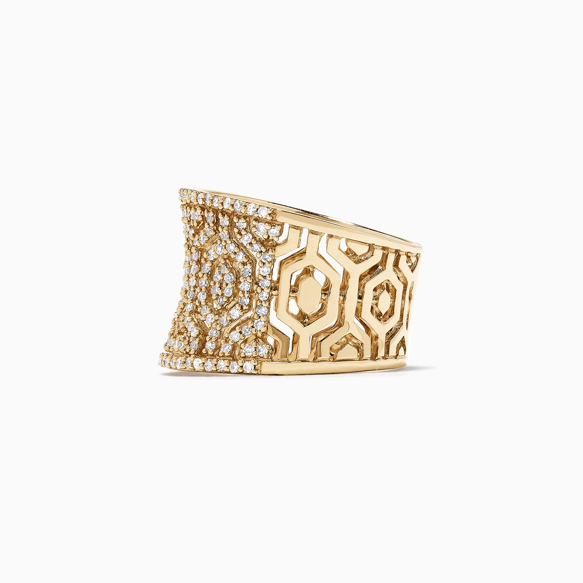 The DOro 14K Yellow Gold Diamond Maze Ring, 0.79 TCW, showcases a wide geometric openwork band fully encrusted with sparkling white diamonds on a plain white background.