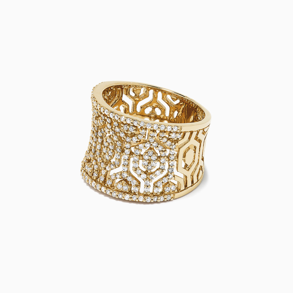 The DOro 14K Yellow Gold Diamond Maze Ring, 0.79 TCW, showcases a wide geometric openwork band fully encrusted with sparkling white diamonds on a plain white background.