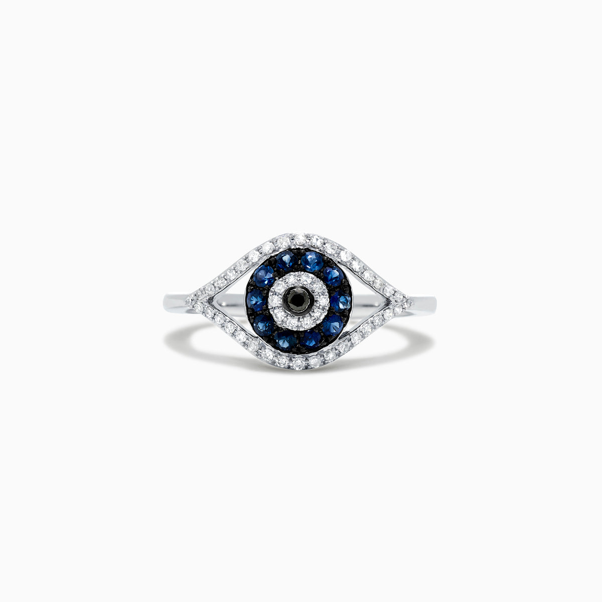 The Novelty 14K White Gold Blue Sapphire & Diamond Evil Eye Ring, 0.45 TCW, features a unique design with concentric blue sapphires and diamonds for a captivating look.