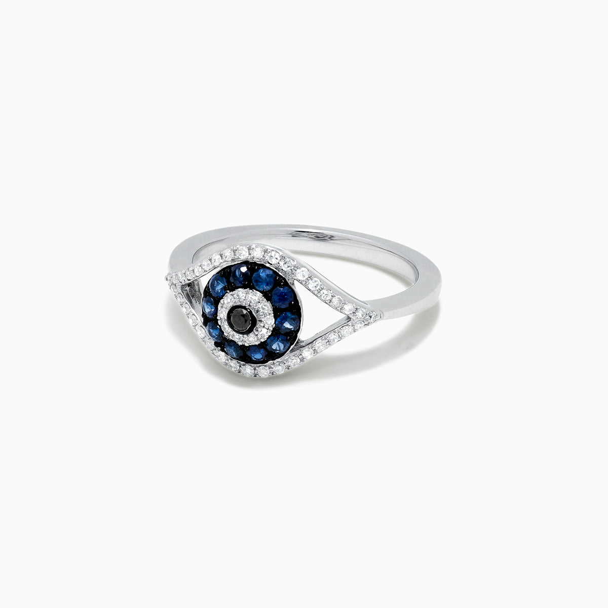 The Novelty 14K White Gold Blue Sapphire & Diamond Evil Eye Ring, 0.45 TCW, features a unique design with concentric blue sapphires and diamonds for a captivating look.