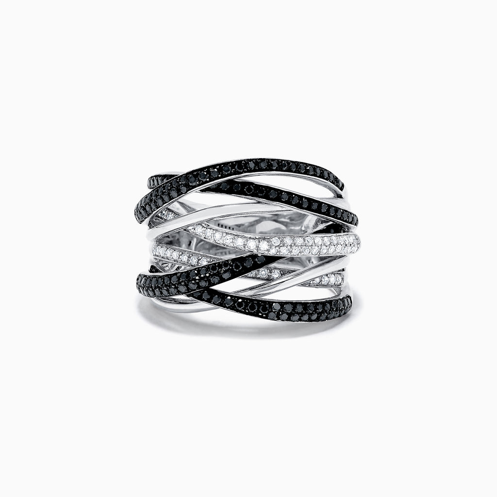 This 14K White Gold Black and White Diamond Ring features a wide band with overlapping crisscross rows, set with 0.74 TCW of diamonds for bold contrast and modern elegance.