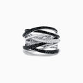 This 14K White Gold Black and White Diamond Ring features a wide band with overlapping crisscross rows, set with 0.74 TCW of diamonds for bold contrast and modern elegance.