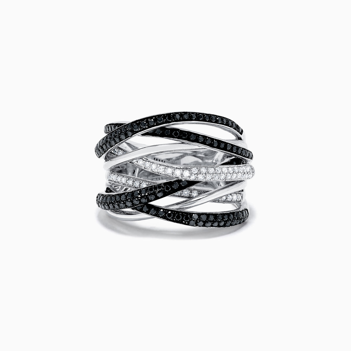This 14K White Gold Black and White Diamond Ring features a wide band with overlapping crisscross rows, set with 0.74 TCW of diamonds for bold contrast and modern elegance.