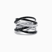 This 14K White Gold Black and White Diamond Ring features a wide band with overlapping crisscross rows, set with 0.74 TCW of diamonds for bold contrast and modern elegance.