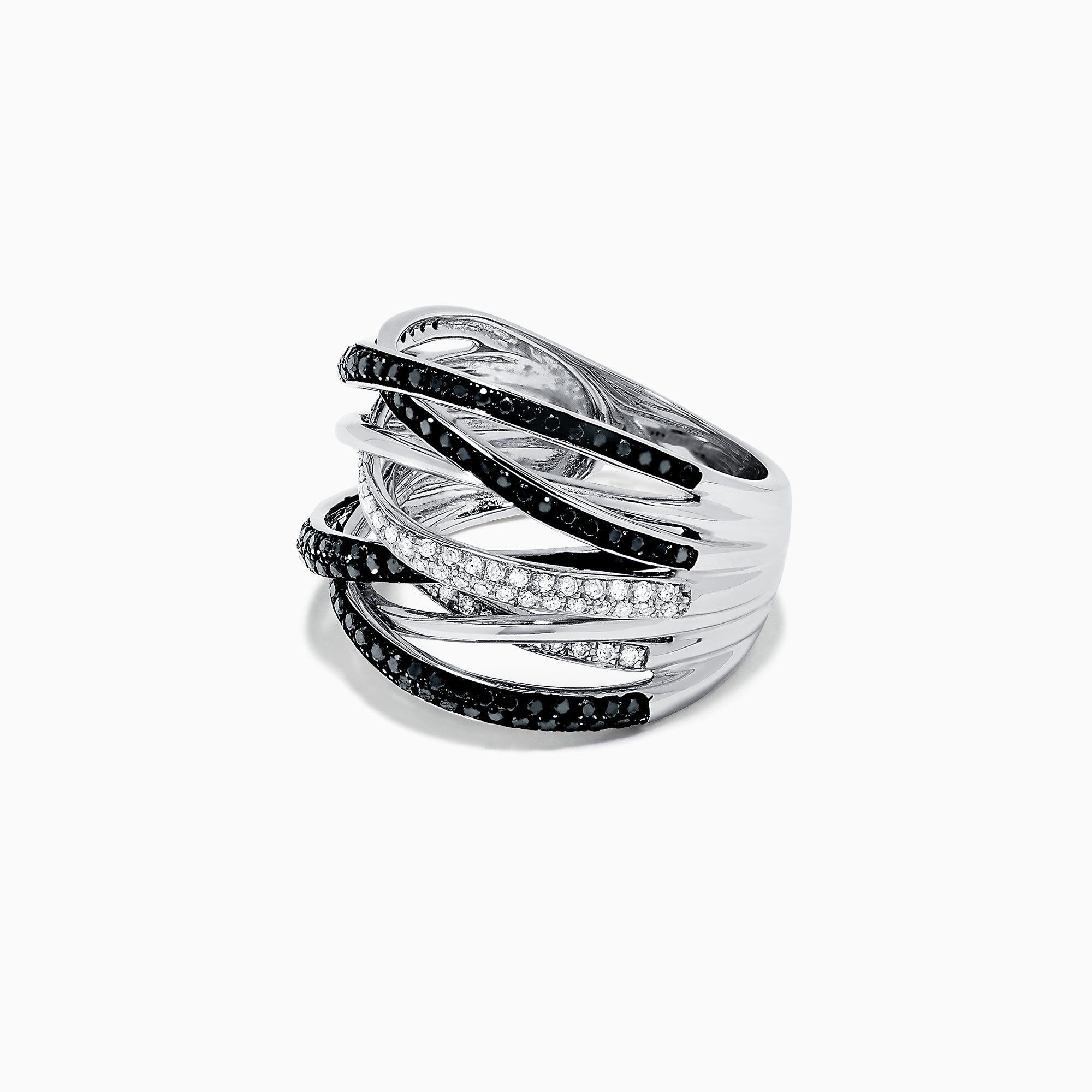 This 14K White Gold Black and White Diamond Ring features a wide band with overlapping crisscross rows, set with 0.74 TCW of diamonds for bold contrast and modern elegance.