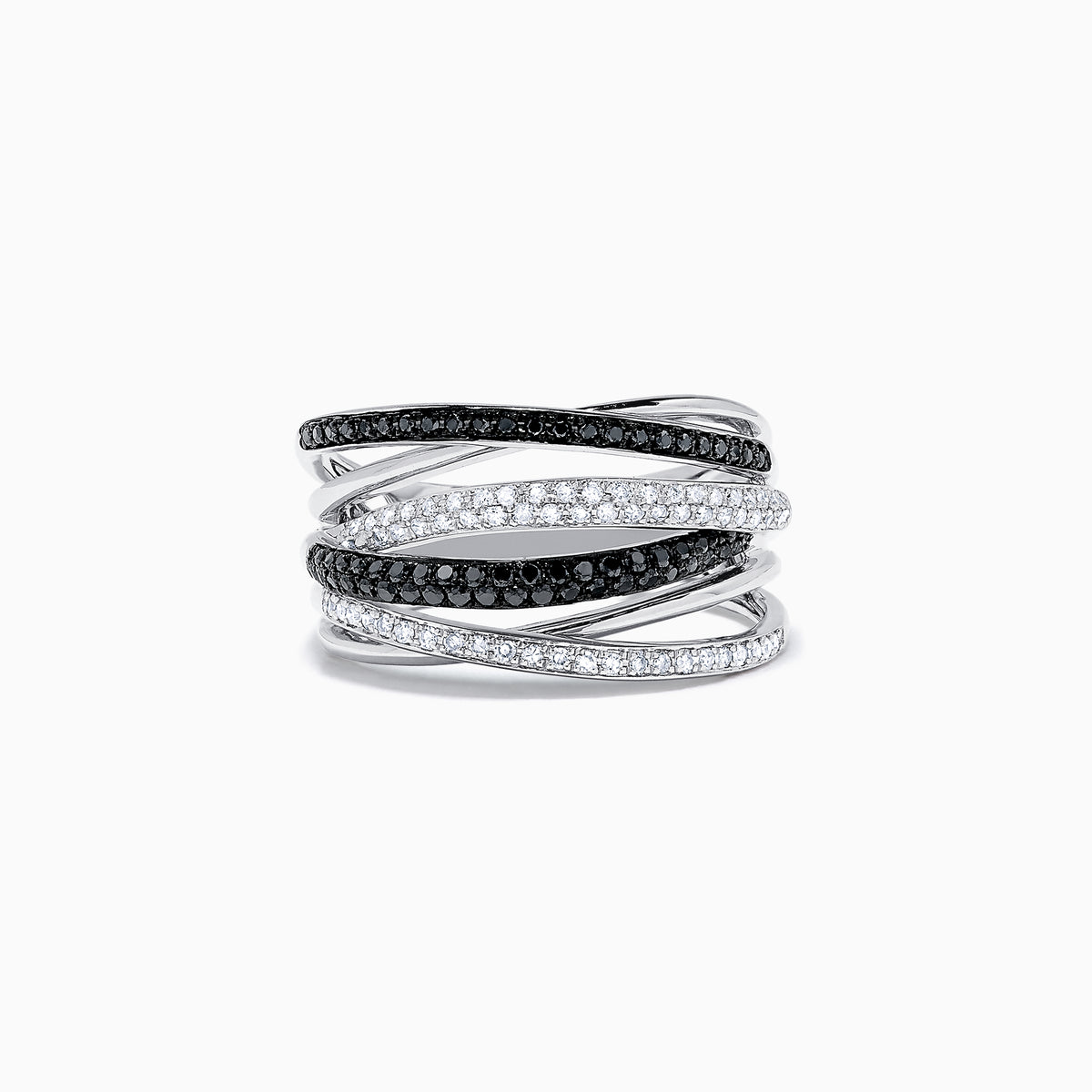 An elegant 14K White Gold Black and White Diamond Ring, 0.56 TCW, featuring multi-band silver with alternating gemstone rows in a stunning intertwined design.
