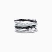 An elegant 14K White Gold Black and White Diamond Ring, 0.56 TCW, featuring multi-band silver with alternating gemstone rows in a stunning intertwined design.