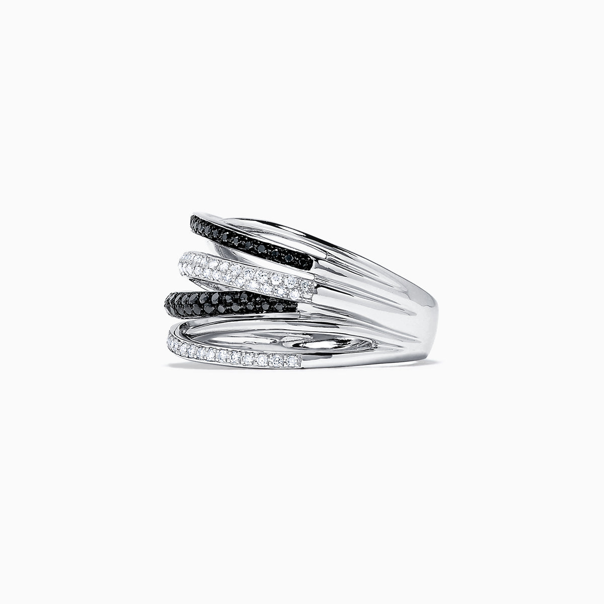 An elegant 14K White Gold Black and White Diamond Ring, 0.56 TCW, featuring multi-band silver with alternating gemstone rows in a stunning intertwined design.