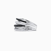 An elegant 14K White Gold Black and White Diamond Ring, 0.56 TCW, featuring multi-band silver with alternating gemstone rows in a stunning intertwined design.