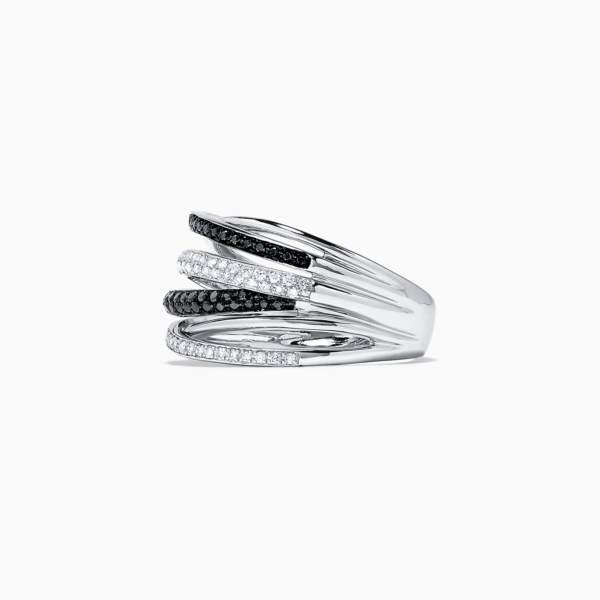 An elegant 14K White Gold Black and White Diamond Ring, 0.56 TCW, featuring multi-band silver with alternating gemstone rows in a stunning intertwined design.