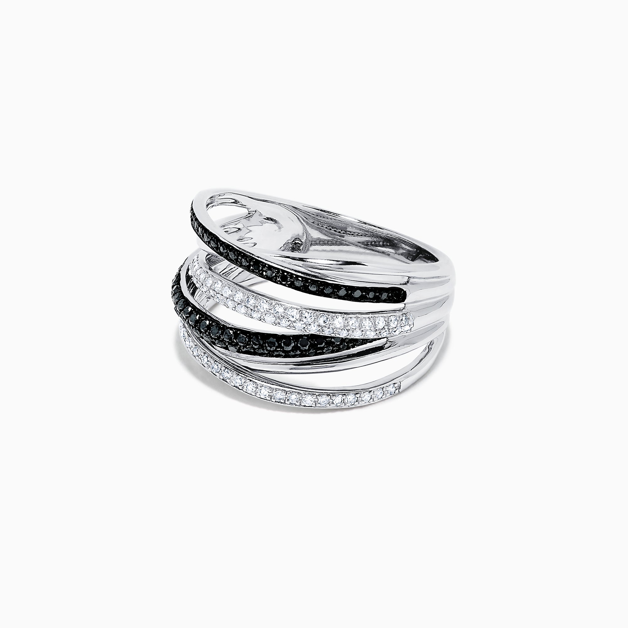 An elegant 14K White Gold Black and White Diamond Ring, 0.56 TCW, featuring multi-band silver with alternating gemstone rows in a stunning intertwined design.