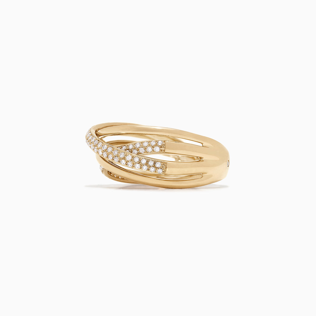 The DOro 14K Yellow Gold Diamond Crossover Ring features multiple crisscrossing bands adorned with 0.40 TCW of sparkling white diamonds, shown on a plain white background.