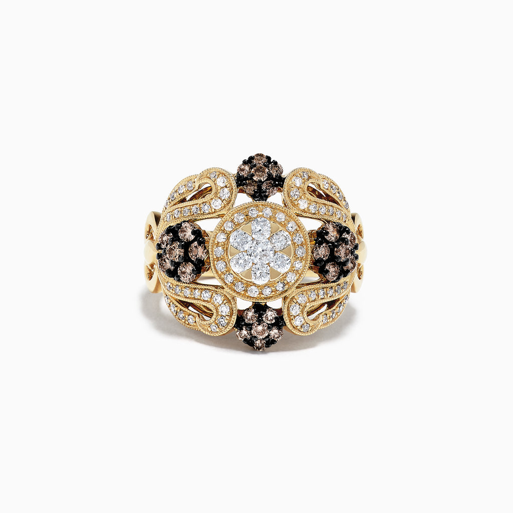 The 14K Yellow Gold Espresso and White Diamond Ring, 1.09 TCW, showcases intricate floral patterns with clusters of white and espresso diamonds in a central circular design, displayed on a plain white background.
