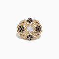The 14K Yellow Gold Espresso and White Diamond Ring, 1.09 TCW, showcases intricate floral patterns with clusters of white and espresso diamonds in a central circular design, displayed on a plain white background.