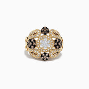 The 14K Yellow Gold Espresso and White Diamond Ring, 1.09 TCW, showcases intricate floral patterns with clusters of white and espresso diamonds in a central circular design, displayed on a plain white background.