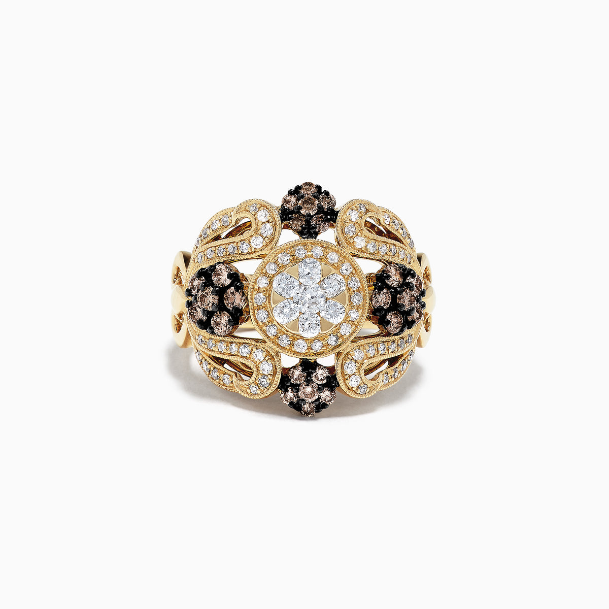 The 14K Yellow Gold Espresso and White Diamond Ring, 1.09 TCW, showcases intricate floral patterns with clusters of white and espresso diamonds in a central circular design, displayed on a plain white background.