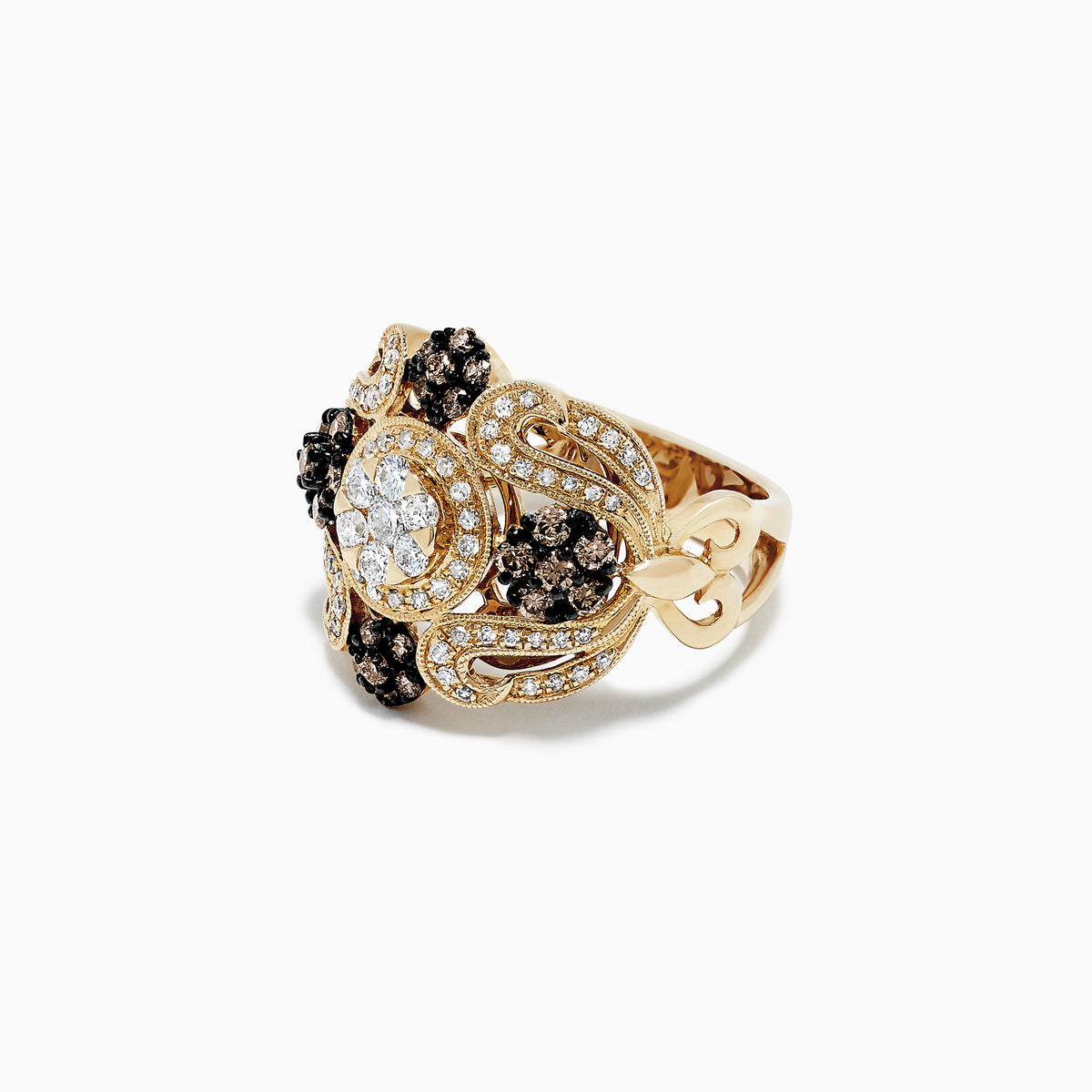 The 14K Yellow Gold Espresso and White Diamond Ring, 1.09 TCW, showcases intricate floral patterns with clusters of white and espresso diamonds in a central circular design, displayed on a plain white background.
