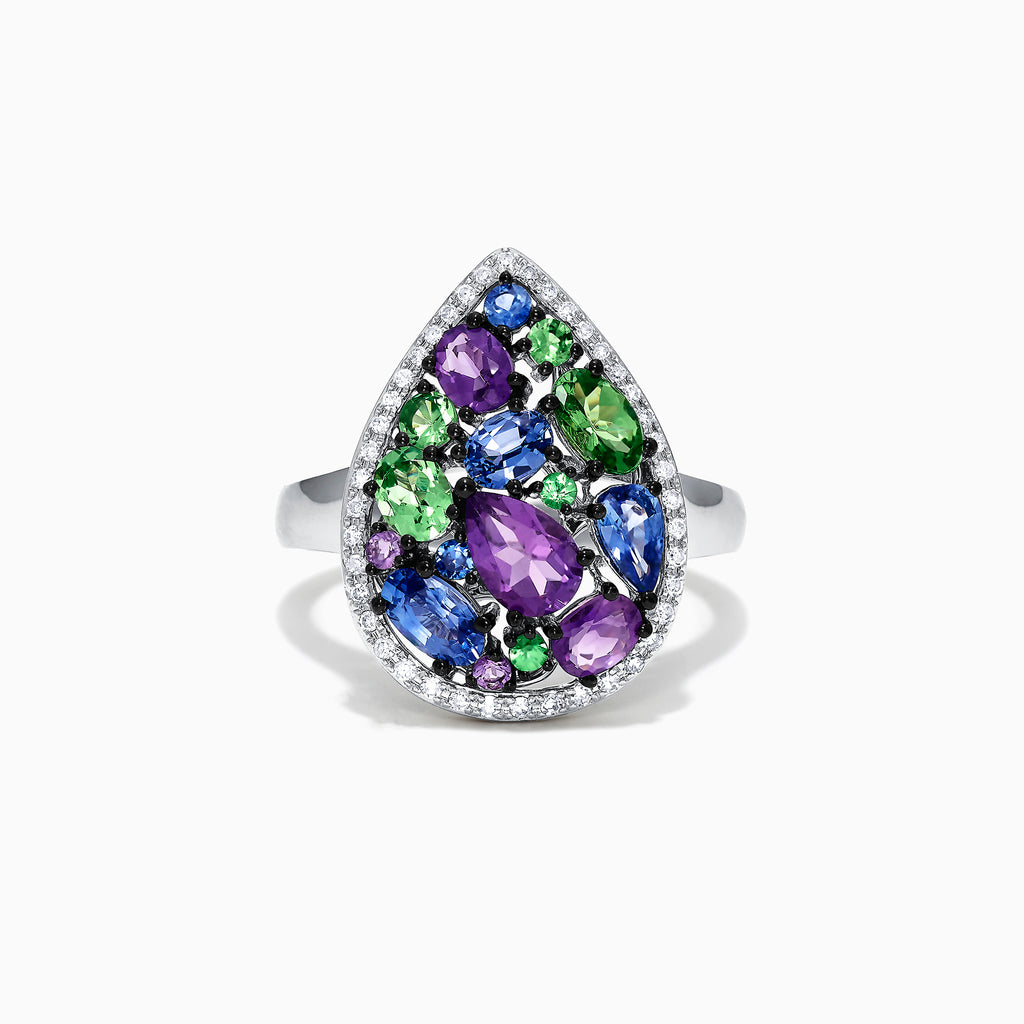The Watercolors 14K White Gold Multi Gemstone and Diamond Ring, 2.45 TCW, features a teardrop design with purple, blue, and green stones bordered by sparkling diamonds against a white background.