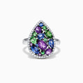 The Watercolors 14K White Gold Multi Gemstone and Diamond Ring, 2.45 TCW, features a teardrop design with purple, blue, and green stones bordered by sparkling diamonds against a white background.
