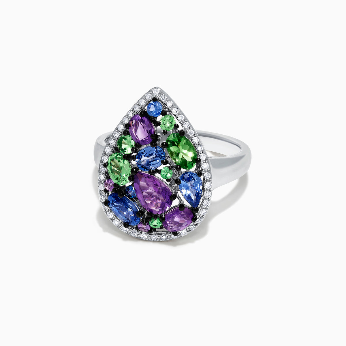 The Watercolors 14K White Gold Multi Gemstone and Diamond Ring, 2.45 TCW, features a teardrop design with purple, blue, and green stones bordered by sparkling diamonds against a white background.