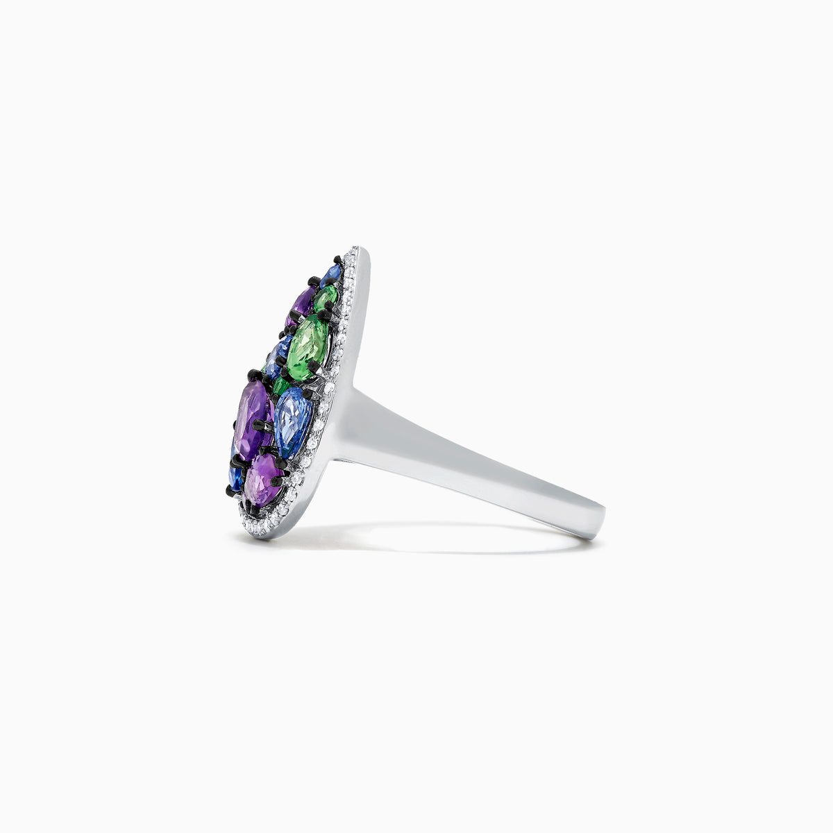 The Watercolors 14K White Gold Multi Gemstone and Diamond Ring, 2.45 TCW, features a teardrop design with purple, blue, and green stones bordered by sparkling diamonds against a white background.