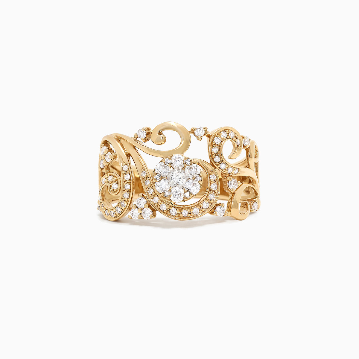 The Bouquet 14K Yellow Gold Diamond Filigree Ring showcases swirling, ornate designs and a cluster of sparkling white diamonds totaling 0.53 TCW for an elegant, eye-catching look.