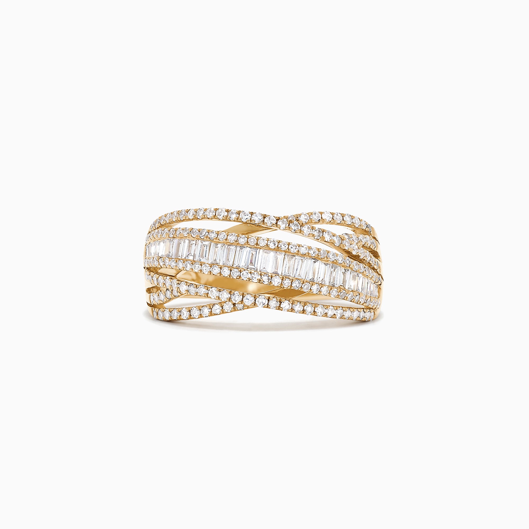 The DOro 14K Yellow Gold Diamond Crossover Ring, 0.98 TCW, showcases multiple wavy rows of round and baguette-cut white diamonds set across the band for a striking, layered design.