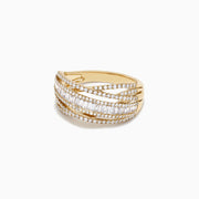 The DOro 14K Yellow Gold Diamond Crossover Ring, 0.98 TCW, showcases multiple rows of round and baguette-cut diamonds in an elegant crisscross design, set against a white background.