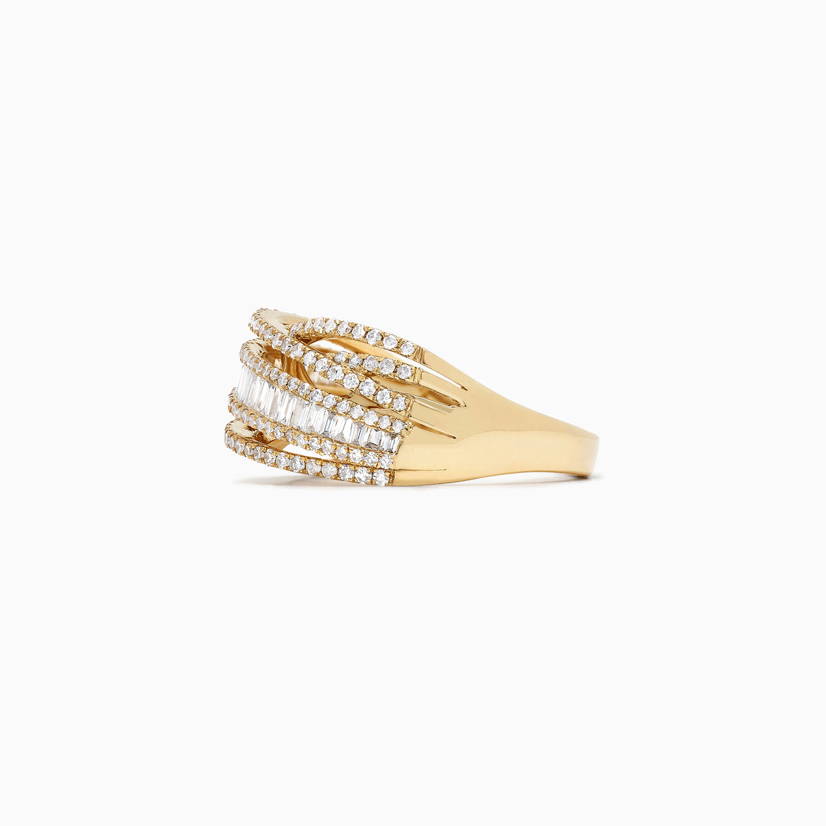 The DOro 14K Yellow Gold Diamond Crossover Ring, 0.98 TCW, showcases overlapping rows of round and baguette-cut diamonds and is displayed on a plain white background.