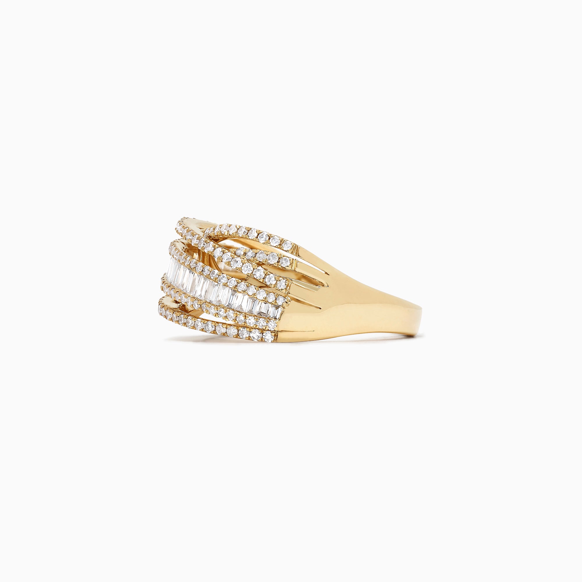 The DOro 14K Yellow Gold Diamond Crossover Ring, 0.98 TCW, showcases overlapping rows of round and baguette-cut diamonds and is displayed on a plain white background.