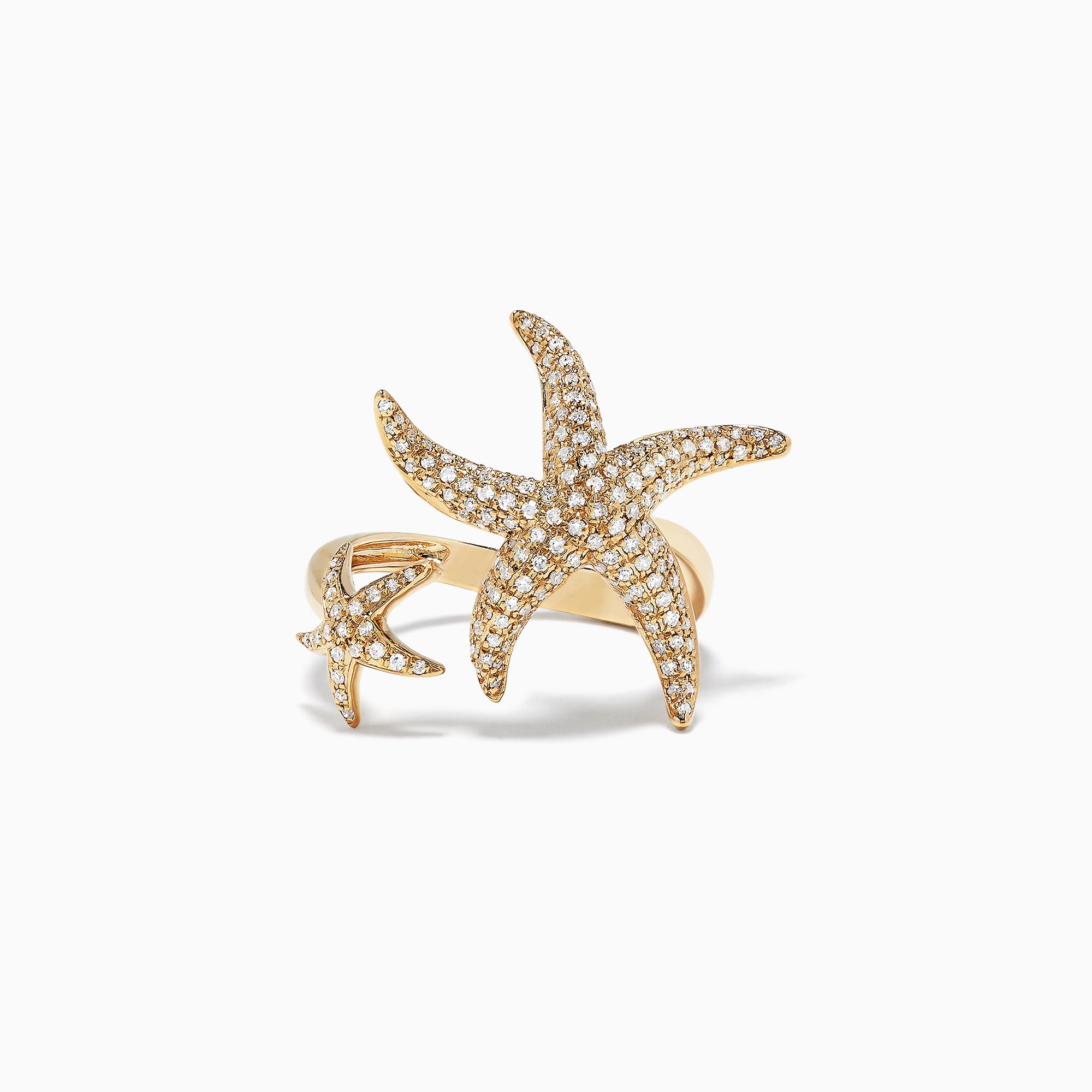 The DOro 14K Yellow Gold Diamond Starfish Ring, 0.71 TCW, features two starfish—one large and one small—set with sparkling diamonds on a plain white background.