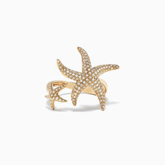 The DOro 14K Yellow Gold Diamond Starfish Ring, 0.71 TCW, features two starfish—one large and one small—set with sparkling diamonds on a plain white background.