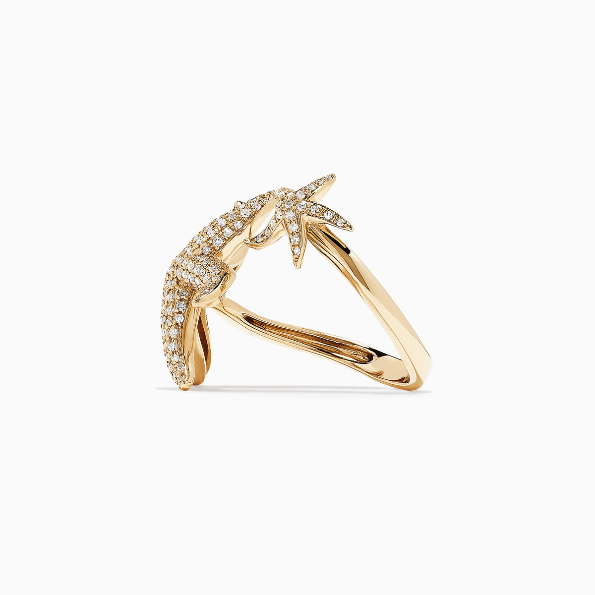 The DOro 14K Yellow Gold Diamond Starfish Ring, 0.71 TCW, features two starfish—one large and one small—set with sparkling diamonds on a plain white background.