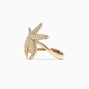 The DOro 14K Yellow Gold Diamond Starfish Ring, 0.71 TCW, features two starfish—one large and one small—set with sparkling diamonds on a plain white background.