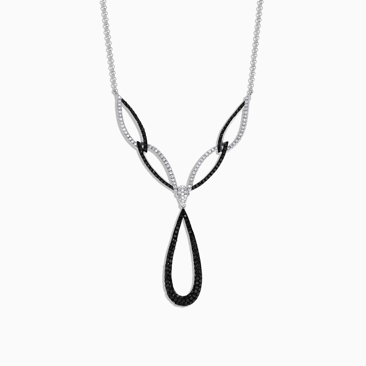 The 14K White Gold Black and White Diamond Necklace, 1.46 TCW, features an abstract teardrop pendant with intertwining black and silver loops, adorned with sparkling black and white diamonds.