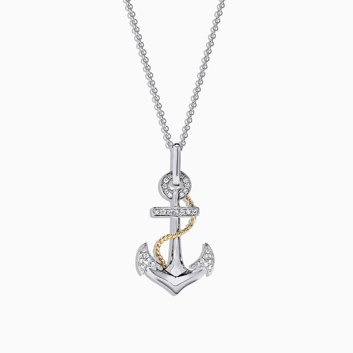 The Seaside 14K Two Tone Gold Diamond Anchor Pendant (0.18 TCW) features a diamond-studded anchor and gold rope detail, elegantly displayed on a fine silver chain against a white backdrop.