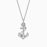 The Seaside 14K Two Tone Gold Diamond Anchor Pendant (0.18 TCW) features a diamond-studded anchor and gold rope detail, elegantly displayed on a fine silver chain against a white backdrop.