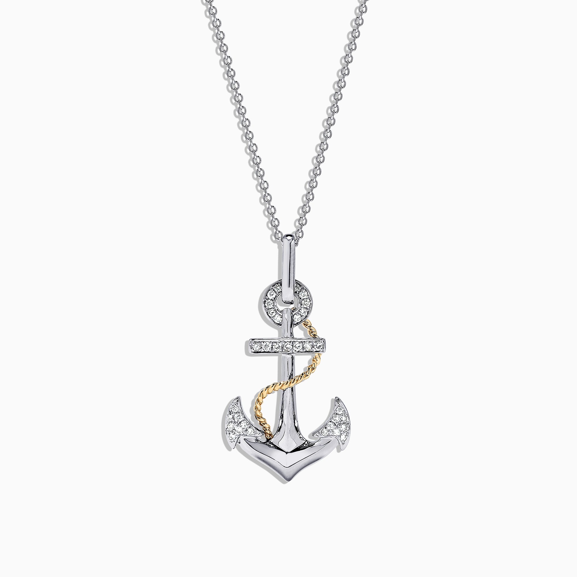 The Seaside 14K Two Tone Gold Diamond Anchor Pendant (0.18 TCW) features a diamond-studded anchor and gold rope detail, elegantly displayed on a fine silver chain against a white backdrop.