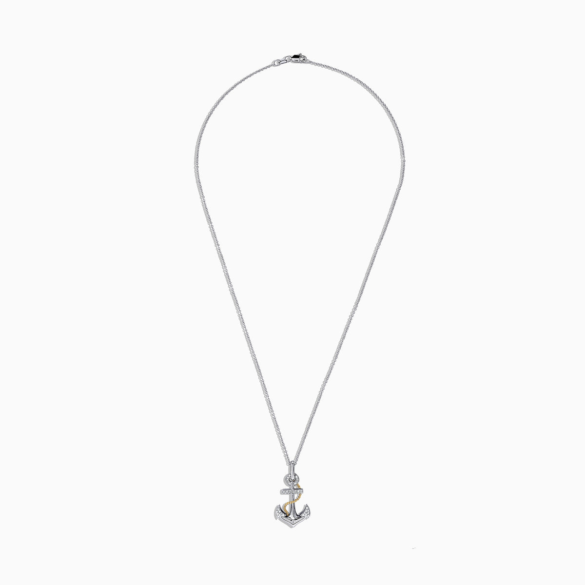 The Seaside 14K Two Tone Gold Diamond Anchor Pendant (0.18 TCW) features a diamond-studded anchor and gold rope detail, elegantly displayed on a fine silver chain against a white backdrop.