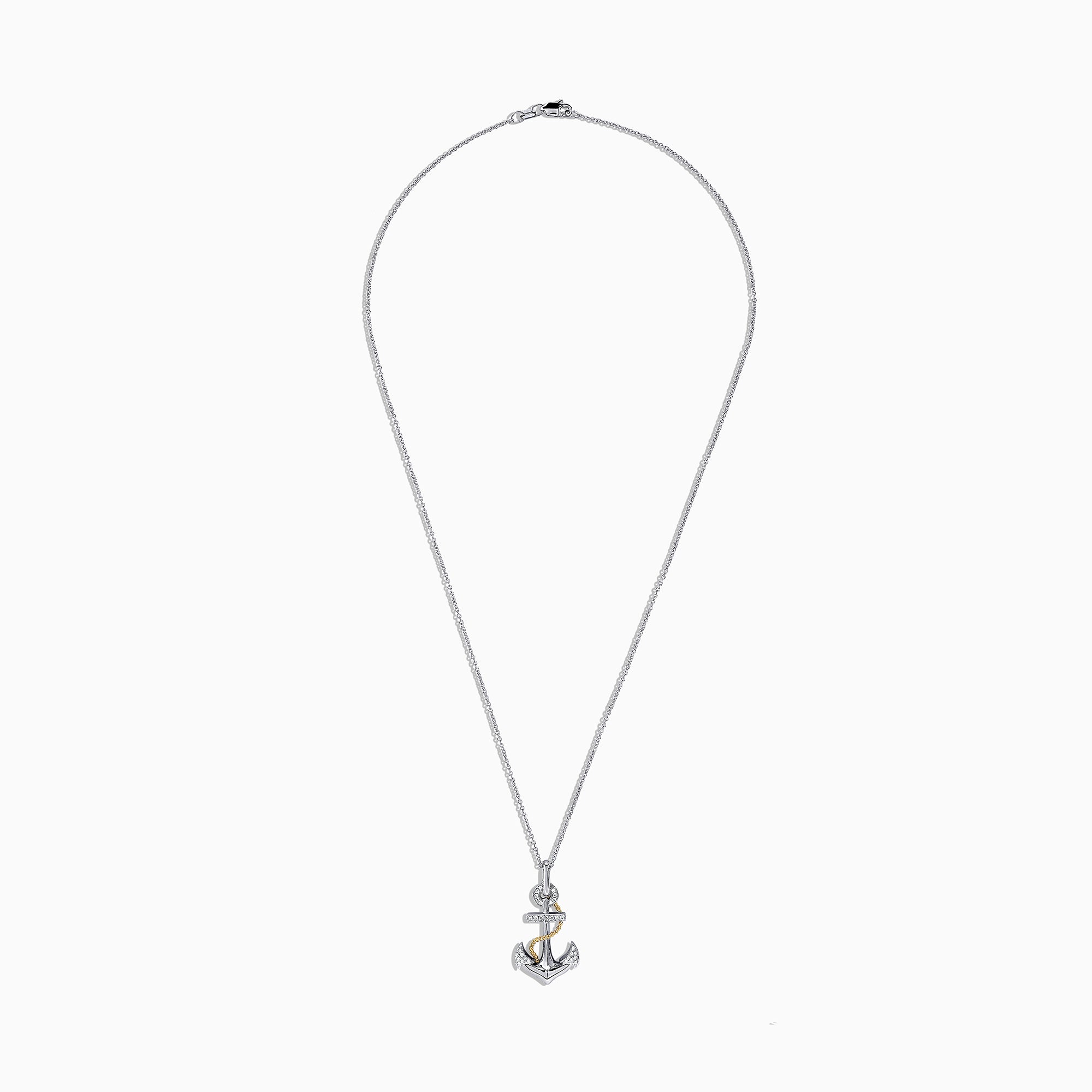 The Seaside 14K Two Tone Gold Diamond Anchor Pendant (0.18 TCW) features a diamond-studded anchor and gold rope detail, elegantly displayed on a fine silver chain against a white backdrop.