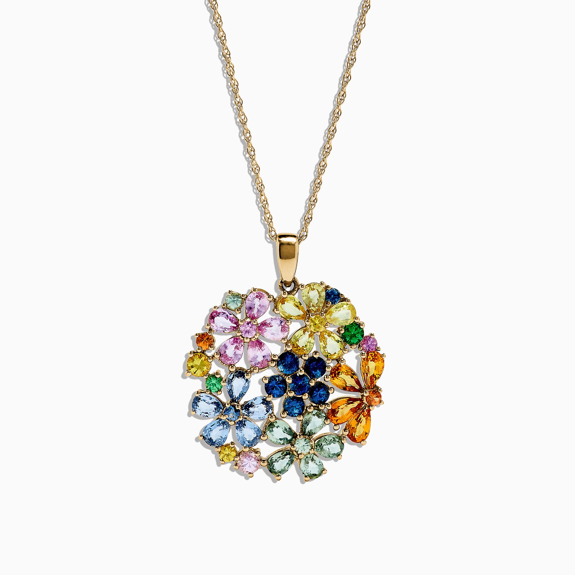 The 14K Yellow Gold Multi Sapphire and Tsavorite Floral Pendant, 7.53 TCW, features a cluster of colorful sapphire gemstone flowers arranged in a circular design for an eye-catching statement.
