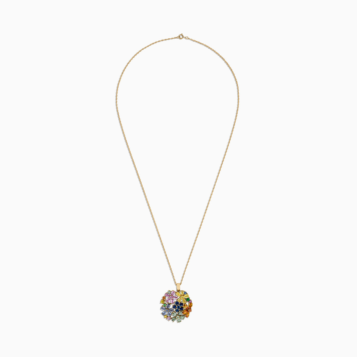 The 14K Yellow Gold Multi Sapphire and Tsavorite Floral Pendant, 7.53 TCW, features a cluster of colorful sapphire gemstone flowers arranged in a circular design for an eye-catching statement.