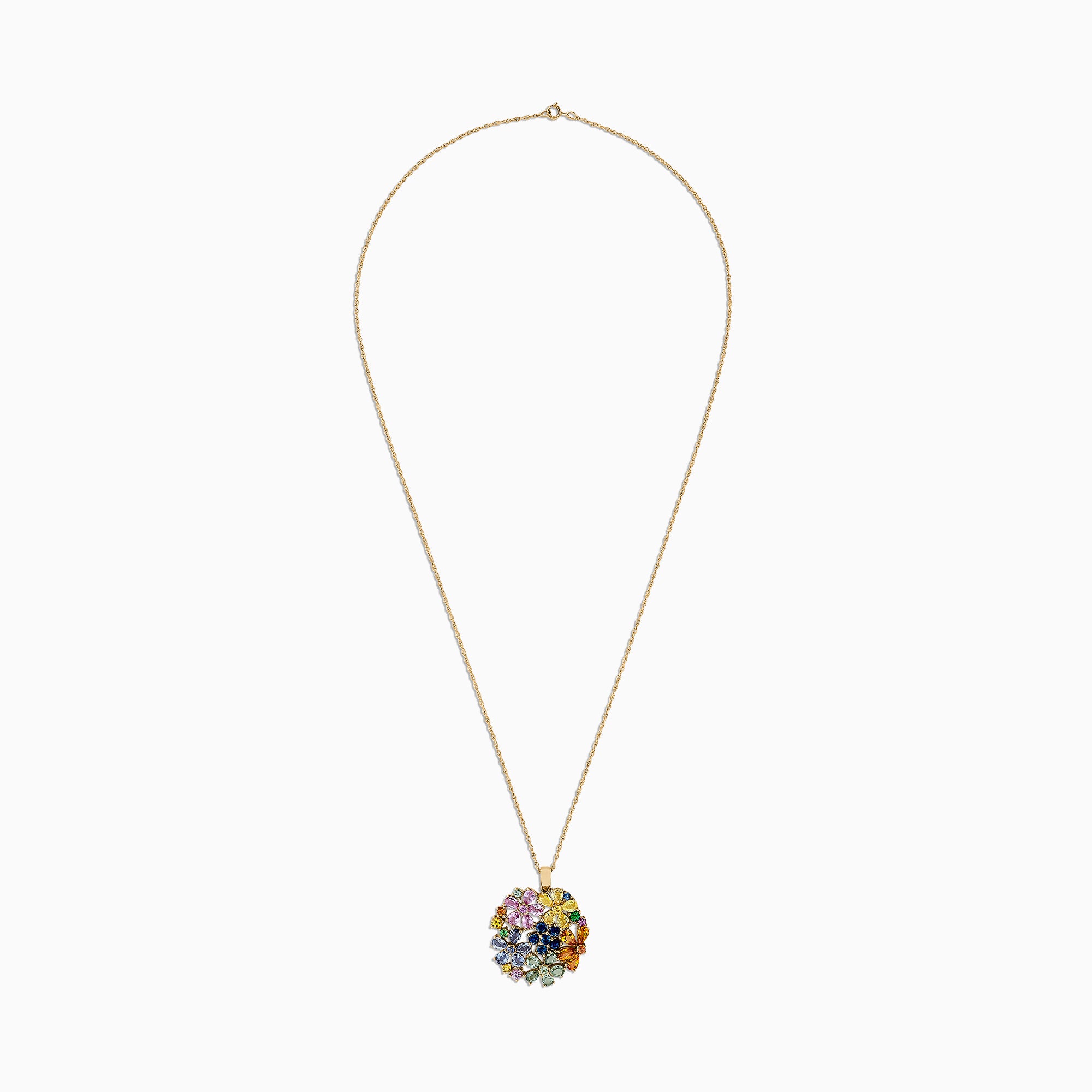 The 14K Yellow Gold Multi Sapphire and Tsavorite Floral Pendant, 7.53 TCW, features a cluster of colorful sapphire gemstone flowers arranged in a circular design for an eye-catching statement.