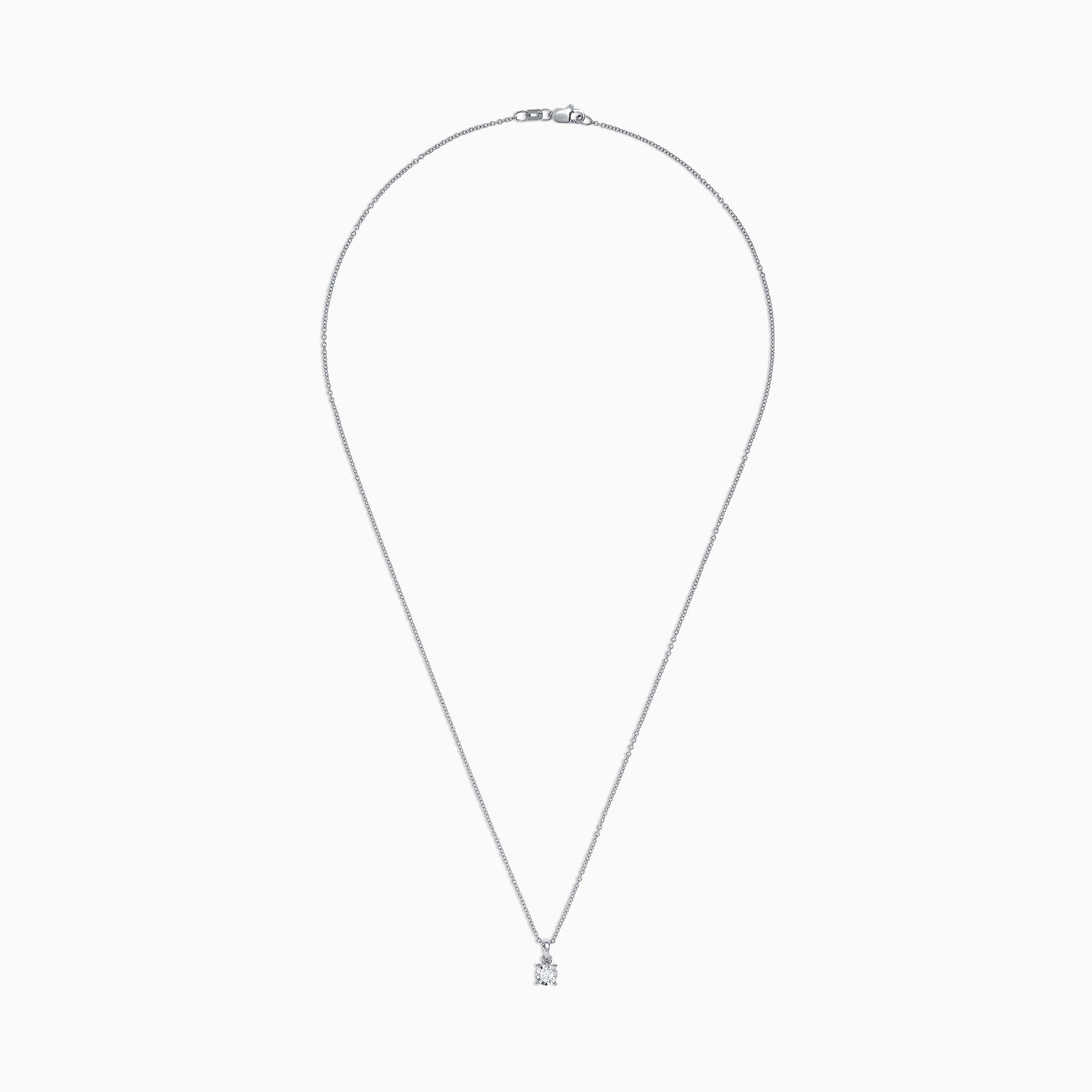 The Pave Classica 14K White Gold Diamond Solitaire Pendant features a single 0.15 TCW diamond in a simple prong setting, suspended from a delicate chain.