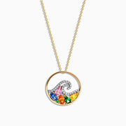 The Watercolors 14K Gold Multi Sapphire Diamond Wave Pendant (1.63 TCW) features a circular wave design accented with vibrant pink, blue, green, orange, and yellow sapphires for a colorful, gemstone-inspired look.