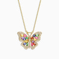 The Watercolors 14K Gold Sapphire & Diamond Butterfly Pendant, 2.34 TCW, features colorful sapphires in blue, green, yellow, pink, red, and purple with sparkling diamonds set along the butterfly wings.