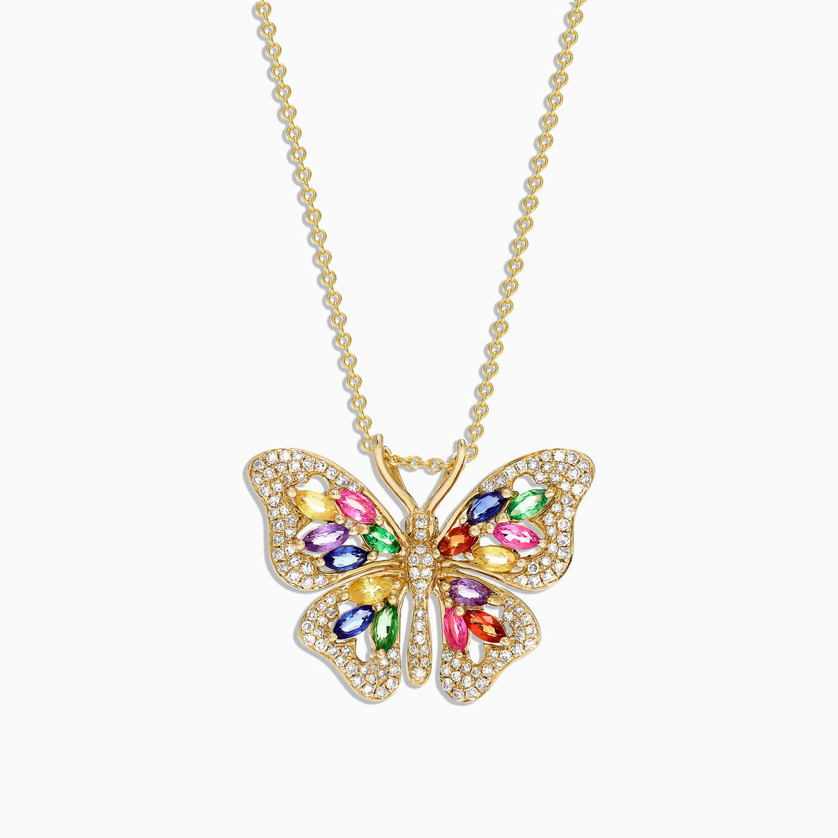 The Watercolors 14K Gold Sapphire & Diamond Butterfly Pendant, 2.34 TCW, features colorful sapphires in blue, green, yellow, pink, red, and purple with sparkling diamonds set along the butterfly wings.